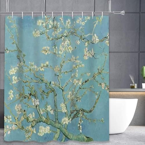 3BMT Cortina de ducha lavable con anillas, diseño de almendro Van Gogh, antimoho, 100% poliéster, 180 x 200 cm