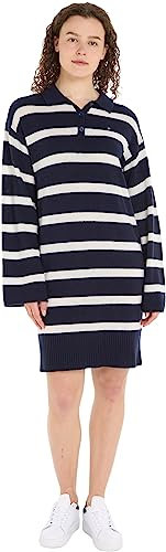 Tommy Hilfiger Damen Polokleid Soft Wool Langarm, Mehrfarbig (Breton Stp/ Desert Sky/ Ecru), XXL