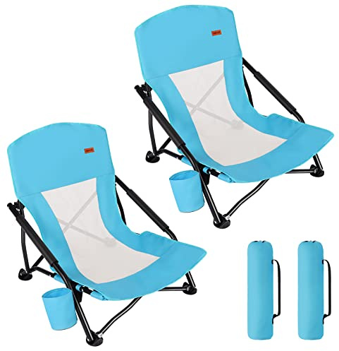 TOBTOS Low Beach Chair for Adults 2 Pack, Low Profile Folding with Cup Holder & Carry Bag, Heavy Duty Chair for Outdoor Sand, Camping, Concert, Travel