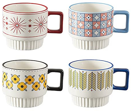 Bicuzat Set di 4 tazze da caffè impilabili, in porcellana, con manico, per bevande calde o fredde come caffè, tè, cacao, latte, set di 4 tazze colorate da 325 ml