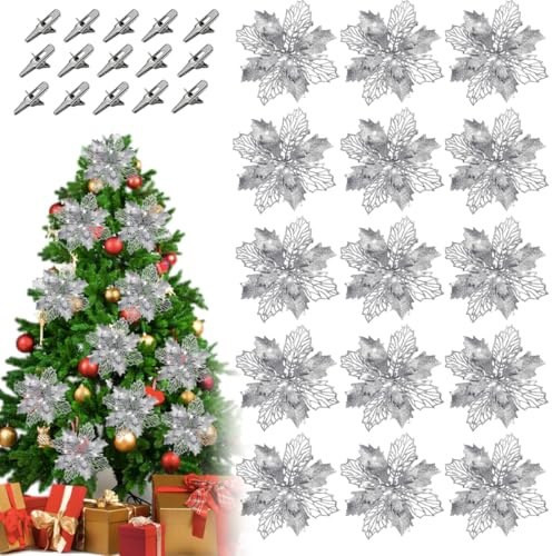 HONGECB 15 Stück Weihnachtsbaum Blume Silber Set – 16cm Große Weihnachtsblume Silber mit Klammern – Funkelnde Glitter Weihnachtsbaum Dekoration & Künstliche Weihnachtsblumen für Kranz & Girlanden