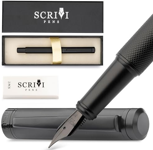 SCRIVI PENS Luxuriöses Füllfederhalter-set – [Schwarz] Füllfederhalter Zum Schreiben – Glatte, Mittlere Feder – Nachfüllbarer Tintenkonverter, 5 Tintenpatronen [Schwarz Und Blau] In Geschenkbox