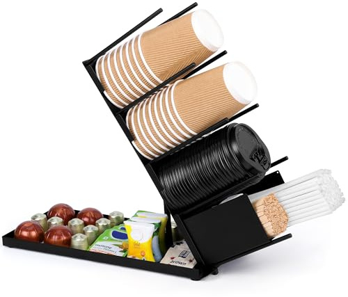 BELLE VOUS Organizer Angolo Bar per Casa e Ufficio - Portabicchieri e Porta Cialde Caffè - Organizzatore Caffetteria per Bicchieri e Accessori - per Cucchiaini e Tovaglioli - Nero