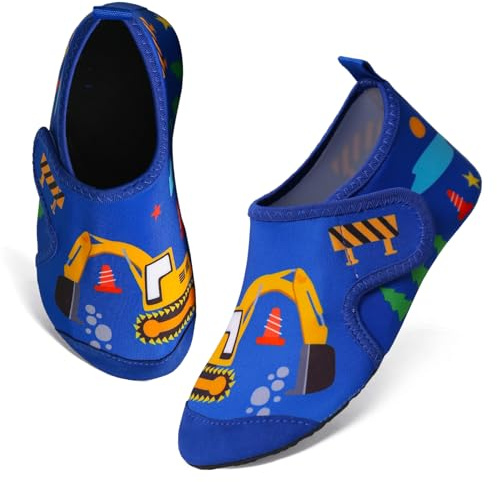 TMEOG Badeschuhe Kinder Wasserschuhe Kleinkind Schwimmschuhe Strandschuhe rutschfeste Aquaschuhe mit Klettverschluss Wattschuhe Meerschuhe Barfussschuhe für Jungen Mädchen(28/29 EU,Bagger)