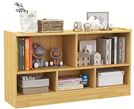 HOMASIS Armoire à jouets à 2 étages avec 5 compartiments, étagère en bois, étagère de rangement ouverte, étagère de rangement pour chambre d'enfant, salle de jeux, chambre à coucher, 111 x 30 x 61,5