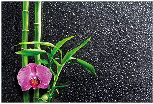 Wallario Wandbild aus Acryl, 60 x 90 cm, freischwebende Optik - Bambus und Pinke Orchidee auf schwarzem Glas mit Regentropfen