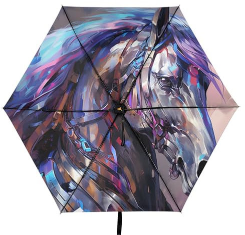 Linnyio Cooles Silbernes Kunstwerk Pferd Taschenschirm, UV-Schutz, Kompakter Reiseschirm, Sonnenschutz für Jungen und Mädchen