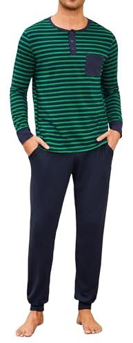 Leversic Mens Pyjamas Set Cotton Winter Pajamas for Men Long Sleeve Henley Shirts Pajama Tops With Full Length Sleep Bottom Men Sleepwear Set S-3XL(Dark Green,L)