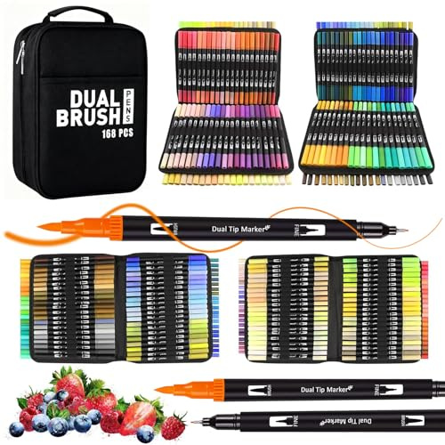 Vakki 168 Farben Filzstifte Für Erwachsene,Dual Brush Pen Set, Filzstifte mit Dicke & Dünne Spitze, Pinselstifte Set, Stifte Set für Kalligraphie, Bullet Journal, Manga, Malbuch, Handlettering