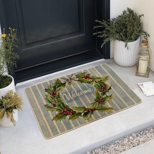 Zerbino con ghirlanda di Natale, tappetino di benvenuto con agrifoglio verde, per interni ed esterni, decorazione per le vacanze, antiscivolo, lavabile, tappeto per ingresso anteriore, 73 x 43 cm