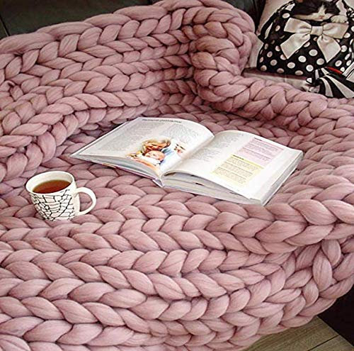 Handgefertigte grob gestrickte Wolldecke für modisches Sofa, groß, weich, rosafarbene Überwurfdecke und Yogamatte, 80 x 80 cm