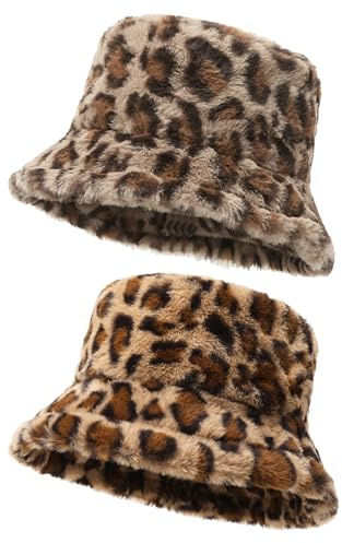JSTHHTT 2 Stück Wintermütze Damen Fischerhut, Winter Fuzzy Eimer Hut, Mütze Damen Winter Flauschige, Leopardenmuster Fischermütze, Warme Mütze Hut, für Unisex Leopard