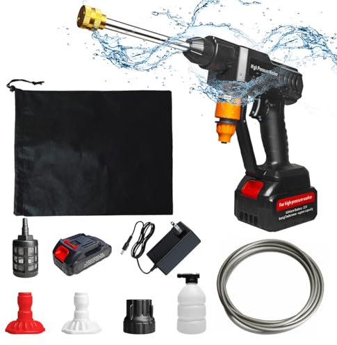 Pistola di lavaggio ad alta pressione senza fili, alimentata da batteria ad alta pressione a batteria, lancia in schiuma di neve, tubo da 5 m, ugello di spruzzatura regolabile-2 batterie da 1,5 Ah