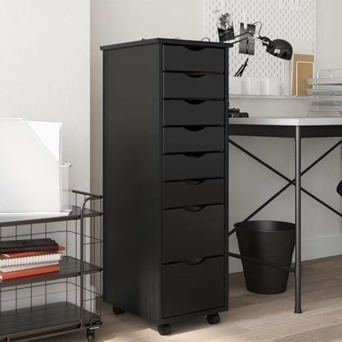 Willood Rollschrank mit 8 Schubladen Kommode Schubladenschrank mit Rollen Massivholz Kiefer Büroschrank Aktenschrank Schrank Schwarz 34 x 39 x 103 cm