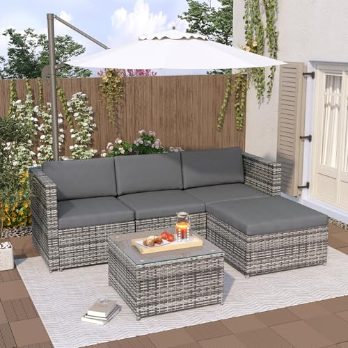 Rattan Gartenmöbel Set, Balkonmöbel Gartenlounge Outdoor Set, Terrassenmöbel Ecksofa Set, Couchgarnitur mit Sitz und Rückenkissen, Lounge-Tisch mit Glasplatte, für Garten Terrasse Balkon, Grau