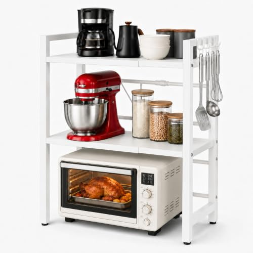 OJTOJT Mikrowellenregal Küchenregal Arbeitsplatte - Microwave Shelf 40-63CM Verstellbar, Hochwertiger Kohlenstahl, Tragfähig - Perfekt für Backöfen und schwere Küchengeräte (Weiß, Doppelschicht)