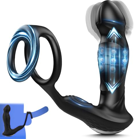 3 EN 1 Masseurs de Prostate Vibrant avec Anneau Pénien, Plug anal gode vibrateur avec 9 fonctions de poussée 9 vibrations sextoy pour homme