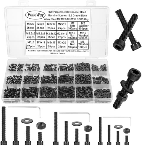 FandWay 900Pcs Bolts and Nuts Set,M2 M2.5 M3 Hex Socket Cap Head Machine Screws,DIN912 Allen Screws,12.9 Grade Alloy Steel Black Hex Bolts and Washers Set Fully Threaded With 3 Allen Key.