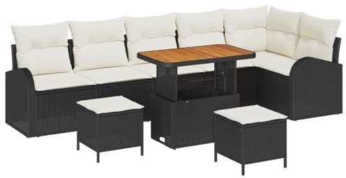 vidaXL 9-dels Trädgårdsoffasett med kuddar Svart Poly Rattan Akacia