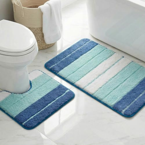 LUSCHEER 2 Piece Bath Mat Set, Extra Soft Absorbent Microfiber Non Slip Rug and Toilet Mat, Water Absorbent Machine Washable for Bathroom Floor (Blue, 80 x 50 cm + U Shaped 50 x 40 cm)