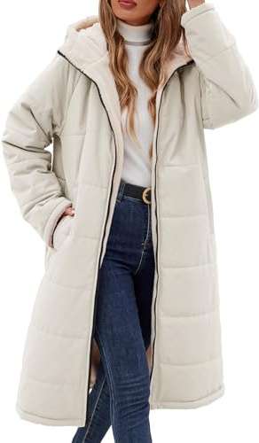 Vancavoo Lång vinterkappa till dam tjock vadderad jacka varm fleecejacka parkas jacka långärmad ytterrock med huva ytterrock, Off White, S