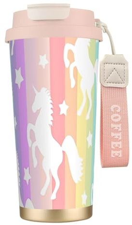 Unicorns On Colorful Stripes Water Bottle with Straw Lid Stainless Steel Wide Mouth Insulated Leak Proof for Women Pink