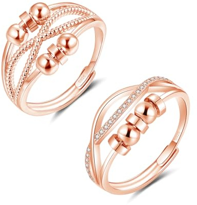 Lynizo Anxiety Ring, 2PCS 925 Sterling Silber Stress Ring Set für Damen | Liebespaar Verstellbar Anti Stress Ringe, Angst Ringe mit Perlen Zirkon, Paar Romantisch Dekompressionsringe für Frau Herren