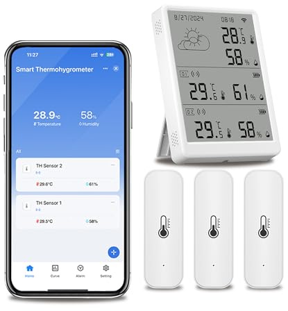 Capteur thermomètre hygromètre WiFi : thermomètre de congélateur intelligent, notification d'application, stockage et exportation gratuits de données, lot de 3 capteurs et hub inclus