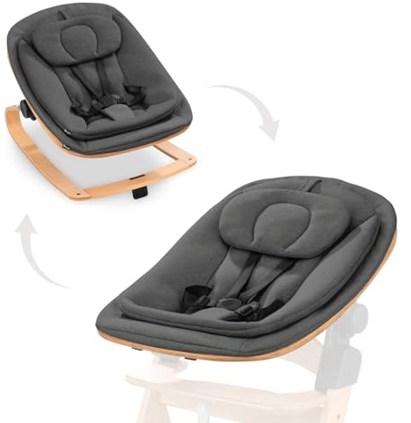 hauck Holz Babywippe & Hochstuhlaufsatz, Highchair Bouncer Eco Deep Grey | Ergonomischer 3in1 Neugeborenenaufsatz für Alpha+ & Beta+ hauck Hochstuhl ab Geburt bis 15 kg, 5-Punkt-Gurt, Baumwollbezug