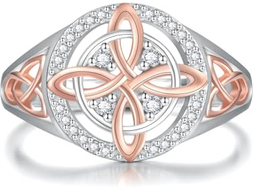 GAUEIOUR Handmade Witch's Return-Knot Protection Ring with Sparkling Cubic Zirconia,Bicolor Ring Blending Fashion Silver & Enchanting Rose Gold,Original Celtic Knot Jewelry Gifts for Women,Size 7