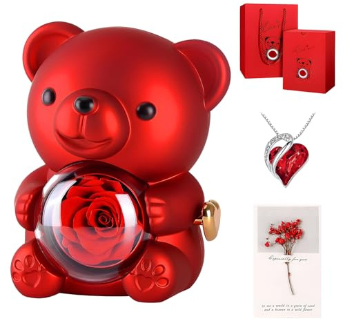 Moerstar Caja de regalo de oso de rosas para mujer, juego de regalo con rosas eternas, collar en forma de corazón, tarjeta de felicitación con ramo de flores, regalos para el día de la madre, regalo