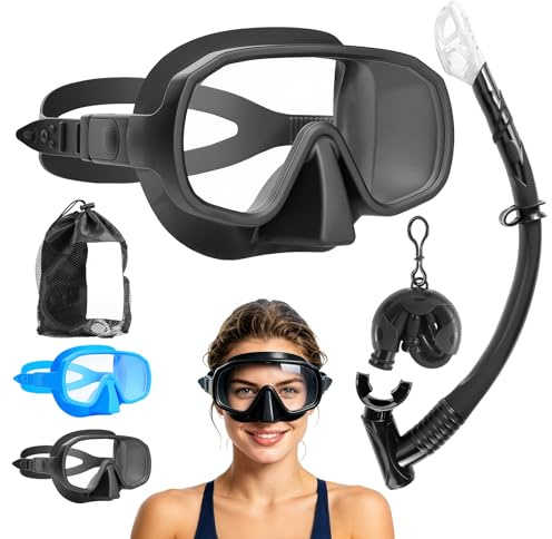 Set Snorkeling Per Adulti,Maschera Senza Cornice Con Vista Panoramica,Lente In Vetro Temperato Antiappannante,Boccaglio Asciutto Pieghevole, Attrezzatura Da Viaggio Portatile Con Borsa