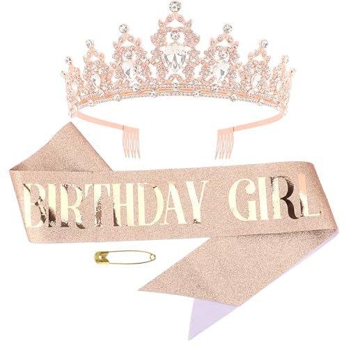 KEUKORZ Rose Gold Birthday Crown and Sash Set for Women