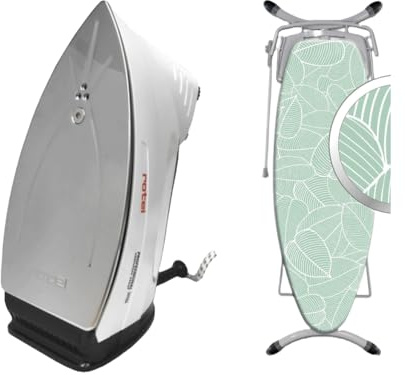 Rotel Professional extra Original Dampfbügeleisen mit hochwertiger Edelstahlsohle inkl. Bügelbrettbezug / 800W / isolierter Tank 300ml (Bügeleisen Schwarz + Bügelbrettbezug Blätter