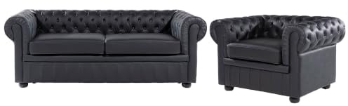 Beliani Klassisches Sofa mit Sessel im englischen Stil Schwarz 3-Sitzer Echtleder Chesterfield