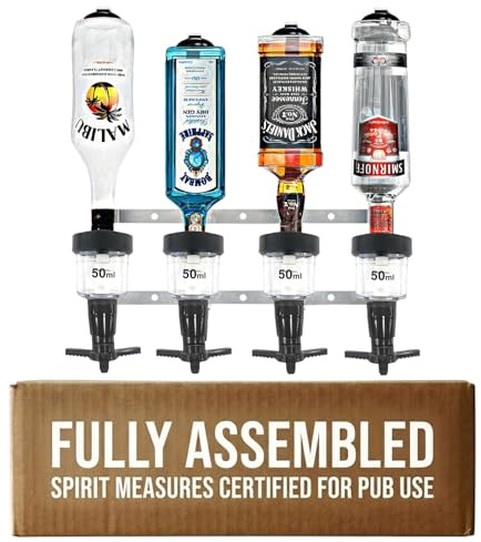 Chabrias Ltd Black 4 Bottle Wall Bar Rail + 50ml Spirit Optic Measure - UK Made, Fully Assembled Metal Bracket & Pub Trade Compliant, Traditional Black, Fits 70cl–1.5L Bottles