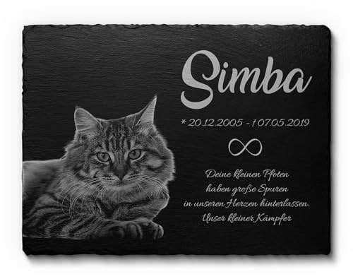 CHRISCK design Katzengrabstein aus Schiefer 22x14 cm o. 30x20 cm - Hundegrabstein mit personalisierter Gravur für Haustiere - Grabstein für Hunde und Katzen