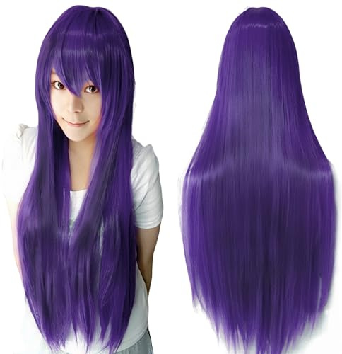 IMISSU Pelucas de Cosplay de pelo Natural liso de 80cm de largo con flequillo, peluca colorida de fiesta de disfraces de Halloween para niña (Morado oscuro)