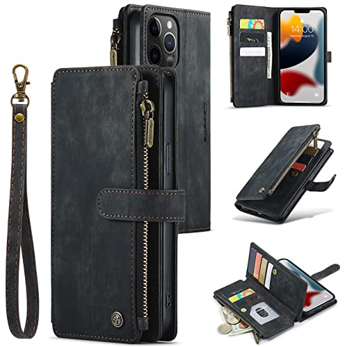 M CASEME UEEBAI Handyhülle für iPhone 12 Pro Max 6.7 inch, Retro Reißverschluss Hülle Premium Leder Klapphülle Magnetverschluss Kartenfach Standfunktion Geldbörse mit Trageband Schutzhülle - Schwarz