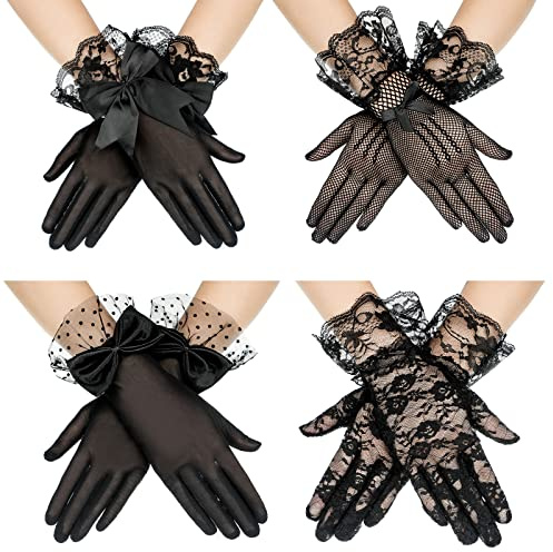 Geyoga 4 Pairs Lace Gloves Women Tea Party Vintage Elegant Short Glove for Dressy Women Wedding Hoiday Party(Black)