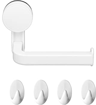 Porte-Rouleau Papier Toilette en Plastique Ventouse Fixation Murale Auto-adhésif pour Salle Bain et Cuisine sans perçage sans dommage Mural (4 Crochets Autocollants) (Plastique, Blanc)