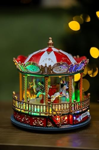 Marco Paul Traditionelle Weihnachtsmusik, Merry Go-Round animierte rotierende Weihnachtsdekorationen, mehrfarbige LED-Lichter, batteriebetrieben, Weihnachtskarussell-Szene, Festliche Lichterkette