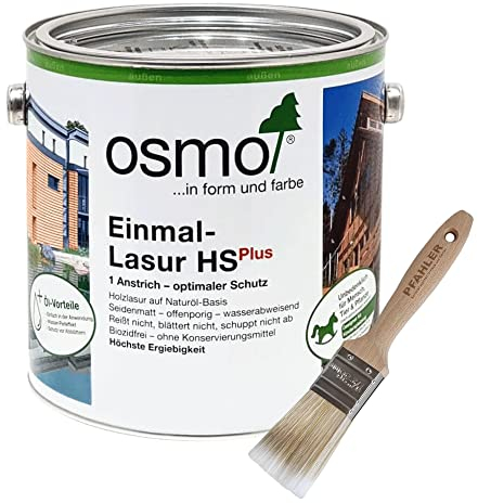 OSMO Einmal-Lasur HS Plus (Quarzgrau 9207) 2,5 Liter + Flächenstreicher Pinsel von Pfahler Gratis. Dekorativer, seidenmatter Holzschutz-Anstrich auf Naturölbasis für Holz im Außenbereich.