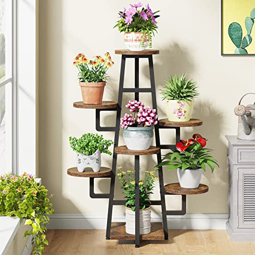 Tribesigns 7 Etagen Pflanzenständer, 110 cm hohes Blumenständer Metall Blumenhocker holz Blumentreppe Blumenregal, Blumentopf für Indoor Balkon Boden Wohzimmer (Braun)