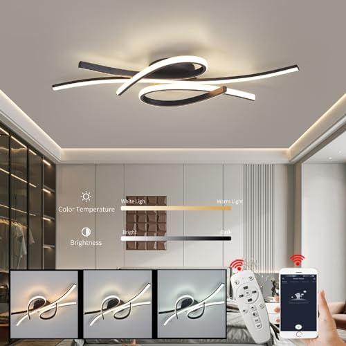 Modern LED Ceiling Light Fixture,40W 2600 Lumen ,Flush Mount Ceiling Chandelier,Ceiling Lamp for Kitchen Bedroom Study Living Room Office Dining Room,Dimming Remote Control (Matte Black-S)