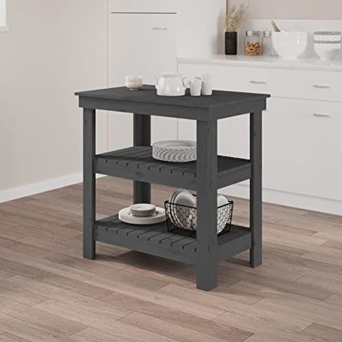 Tidyard Banco da Lavoro,in Legno Massello di Pino,Grigio,con Ripiani,78,5x50x80 cm,Mobile per Cucina in Legno Massello