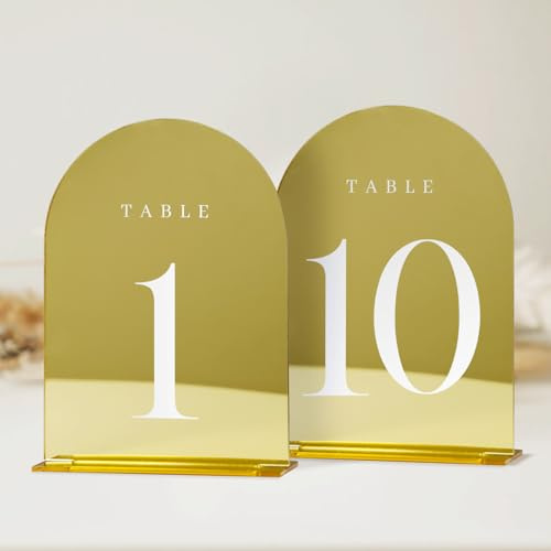JINMURY Goldfarbene verspiegelte Tischnummern 1-10 mit Ständer, 10 Stück, 12,7 x 17,8 cm, goldener Acrylbogen mit Ständer, goldfarbener Spiegel-Acrylbogen, Tischnummern für Hochzeitsempfang (12,7 x