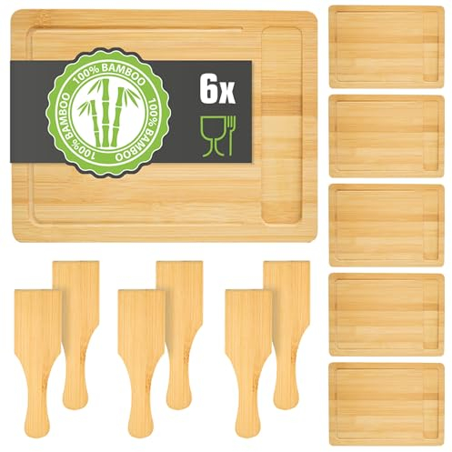 DuneDesign Juego de 6 Platos para Raclette - 30x22 Raclette Tablero de Madera con Espátula - Base para Sartenes Raclette - 1,2 cm de Espesor - Bambú Tablero de Madera - Soporte para Sartén Raclette