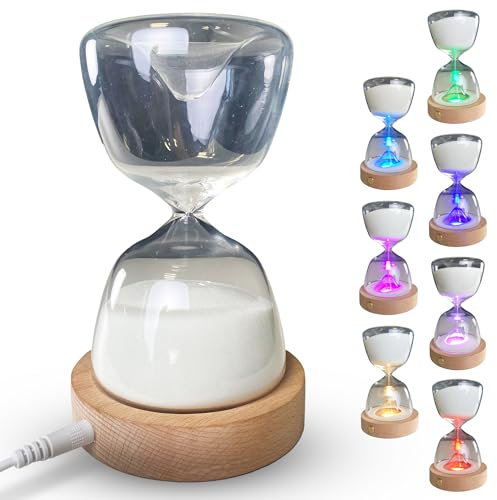 FISHTEC - Clessidra Luminosa 15 Minuti - Clessidra Decorativa 7 Colori e 3 Modalità - in Vetro organico - Base in Legno - Ricaricabile con USB - Pulsante Touch - Giochi, Cucina, Attività Cronometrate