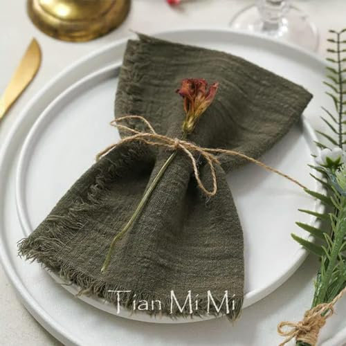 20 Servilletas de Gasa de Estilo Vintage, Paño de Cocina de Tela de Lino con Rebabas de Algodón Rústico para Decoración de Mesa de Fiesta de Bodas, Verde Oliva